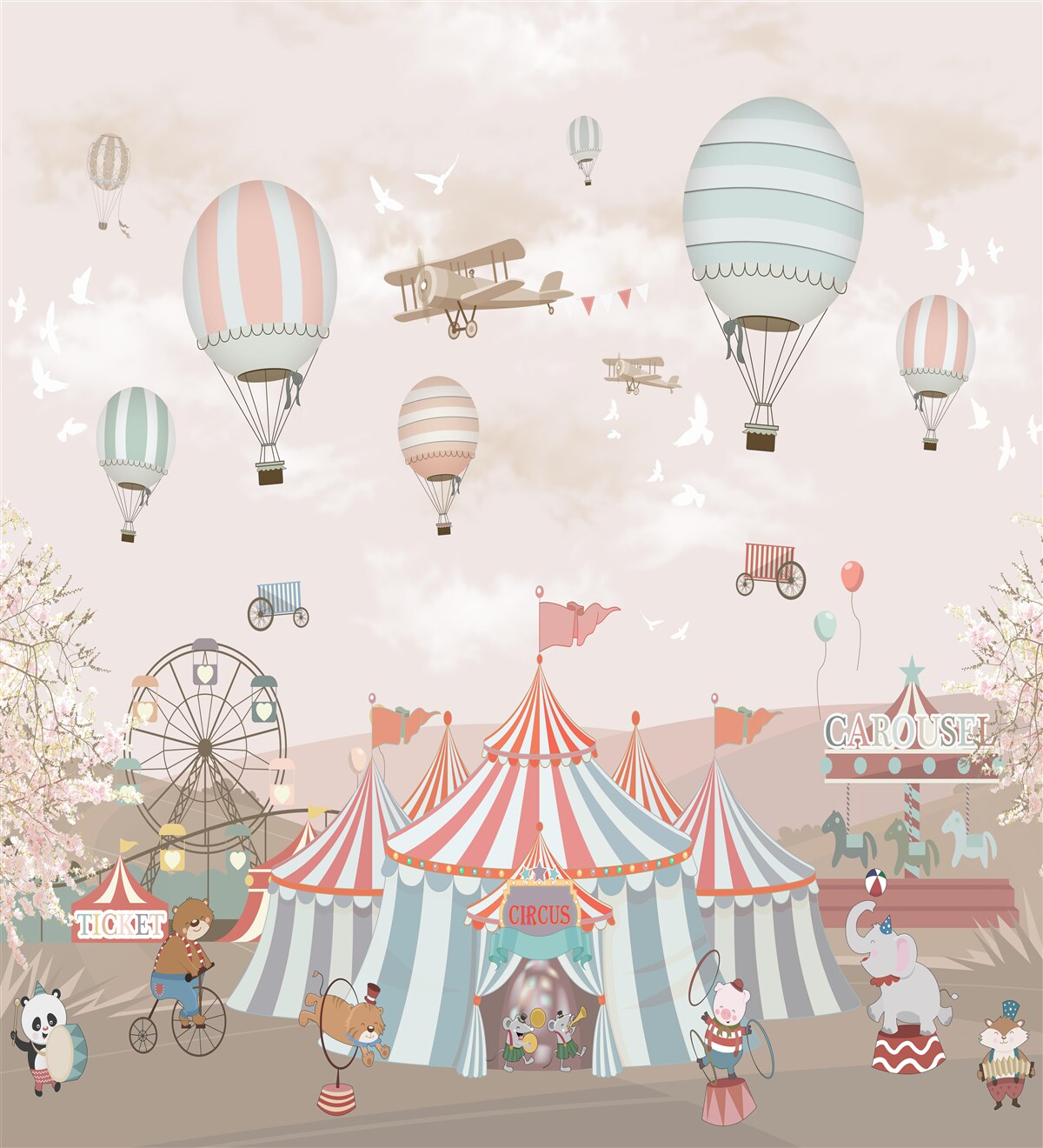 Papier peint cirque sous un nuage de ballons