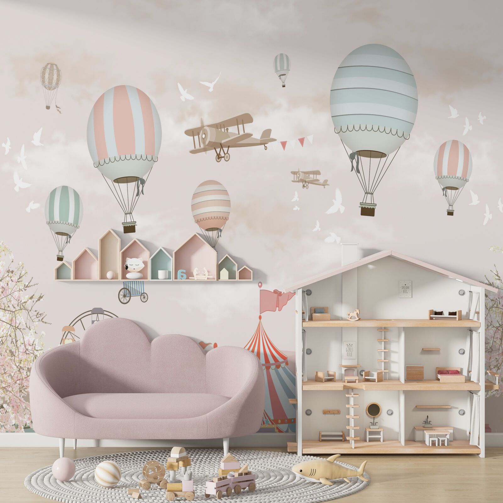 Papier peint cirque sous un nuage de ballons