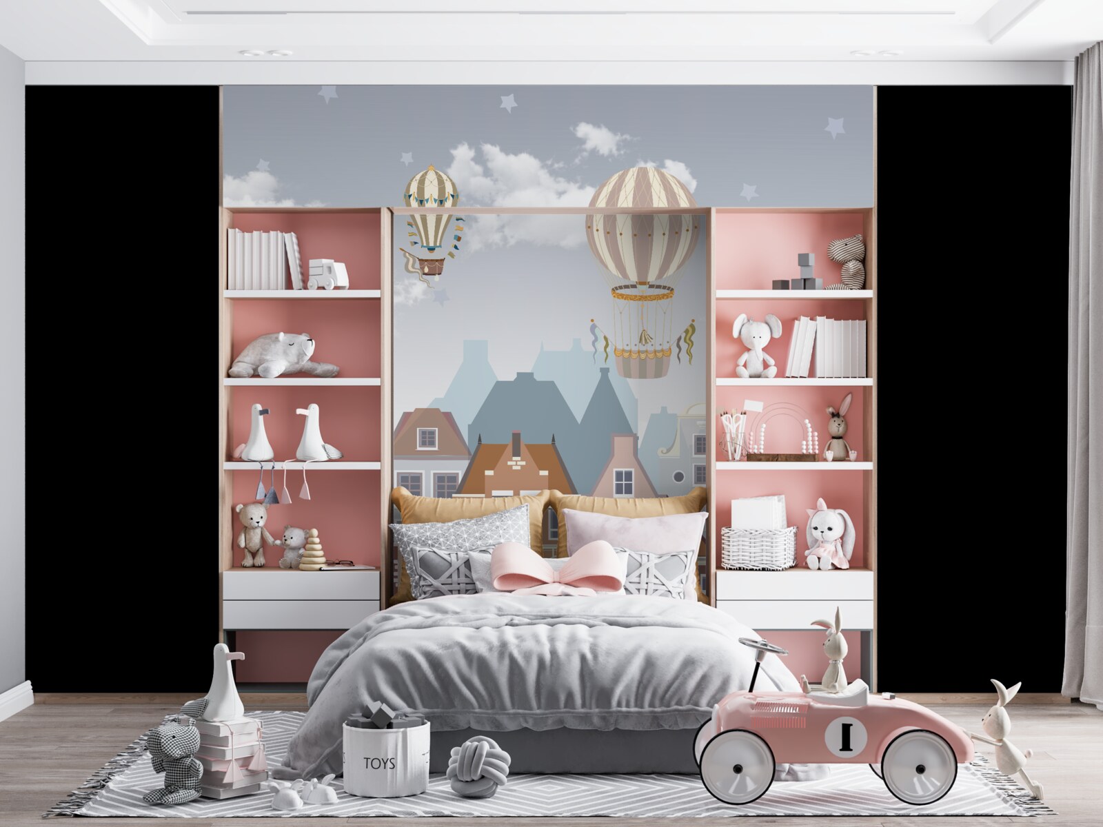 Papier peint ville sous une couverture de ballons