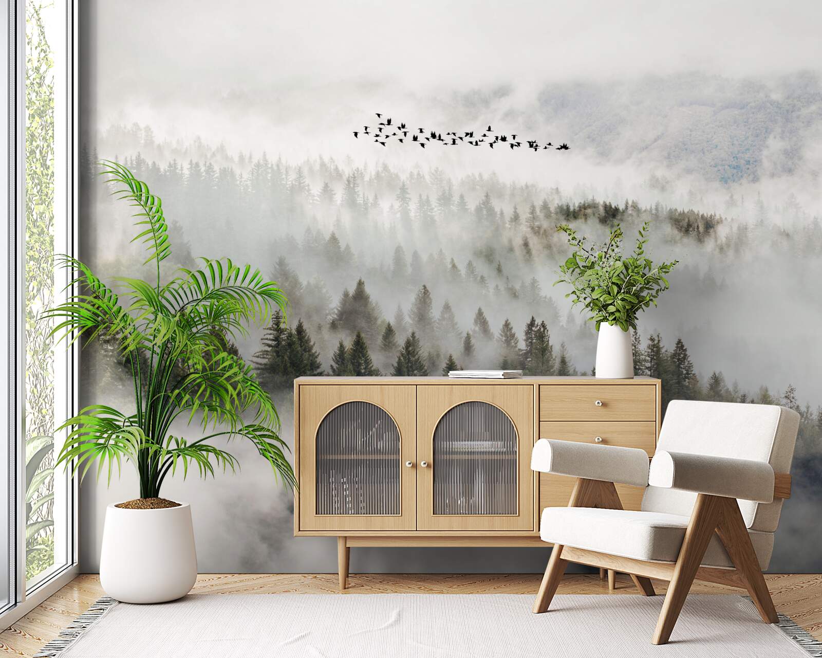 Papier peint un groupe d'oiseaux au-dessus d'un maquis montagneux nuageux