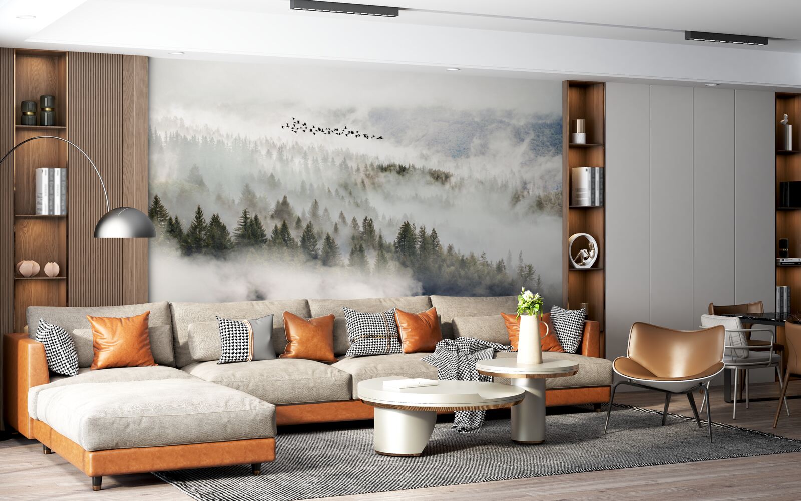 Papier peint un groupe d'oiseaux au-dessus d'un maquis montagneux nuageux