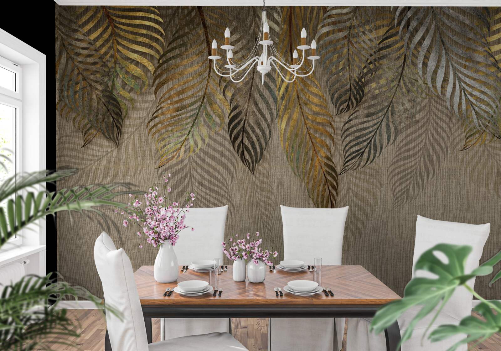 Papier peint branches de bananiers recouvertes d'or