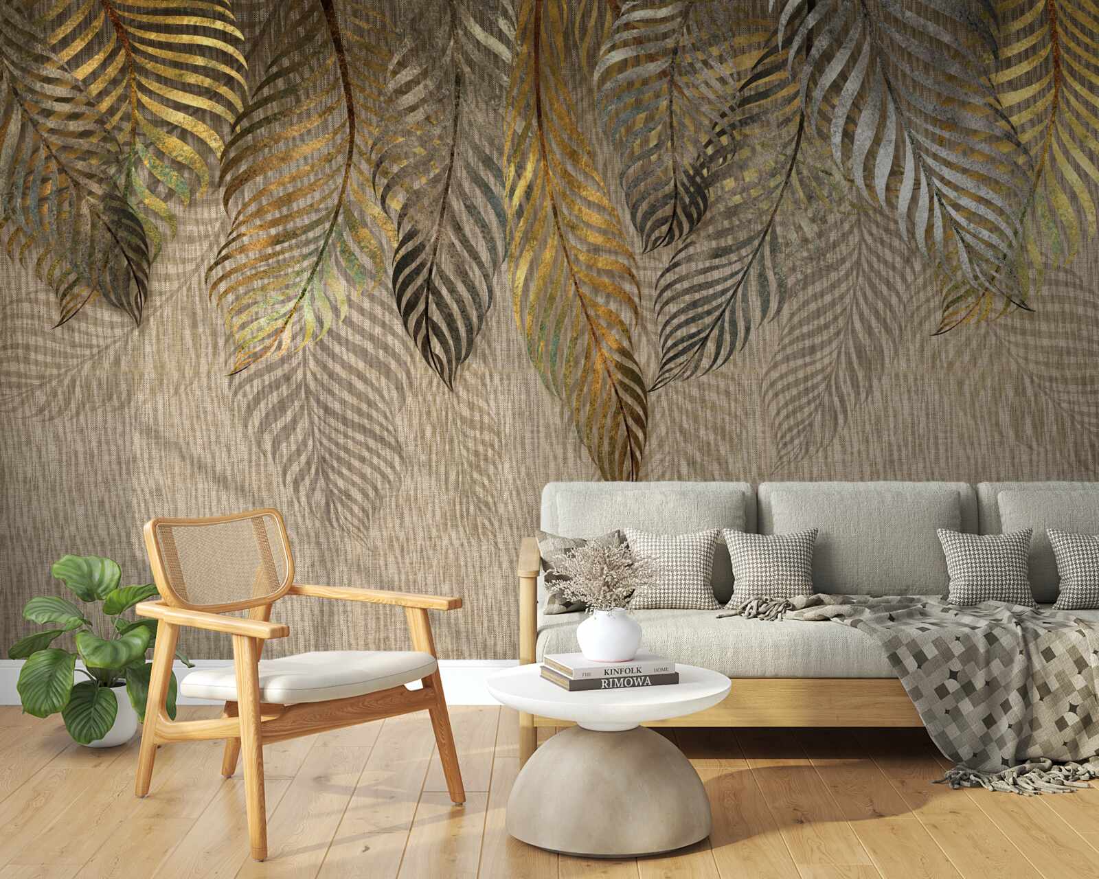 Papier peint branches de bananiers recouvertes d'or