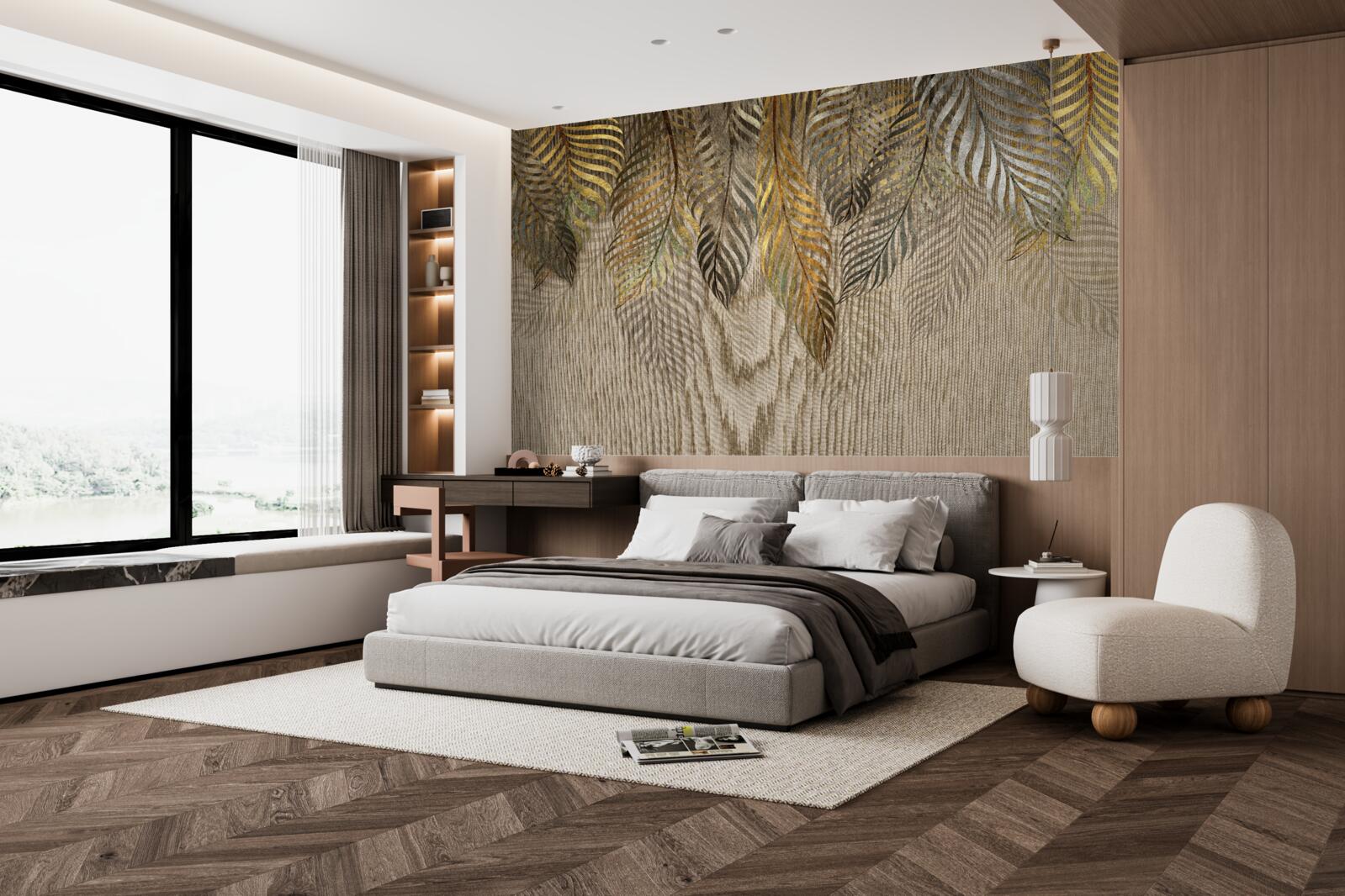 Papier peint branches de bananiers recouvertes d'or