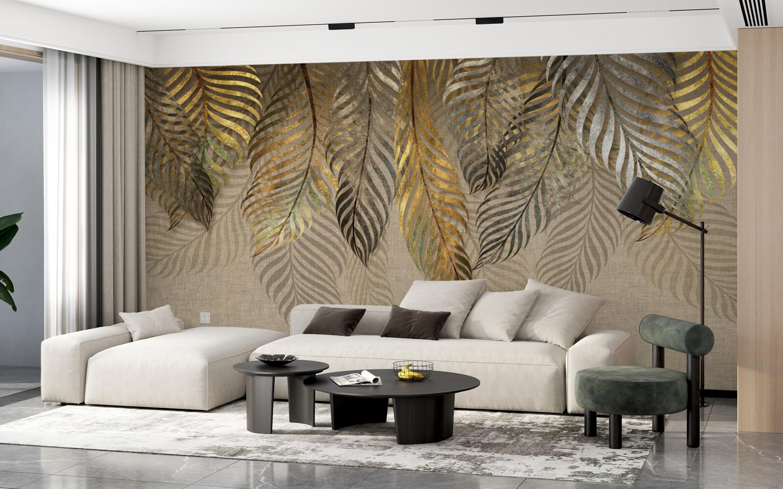 Papier peint branches de bananiers recouvertes d'or