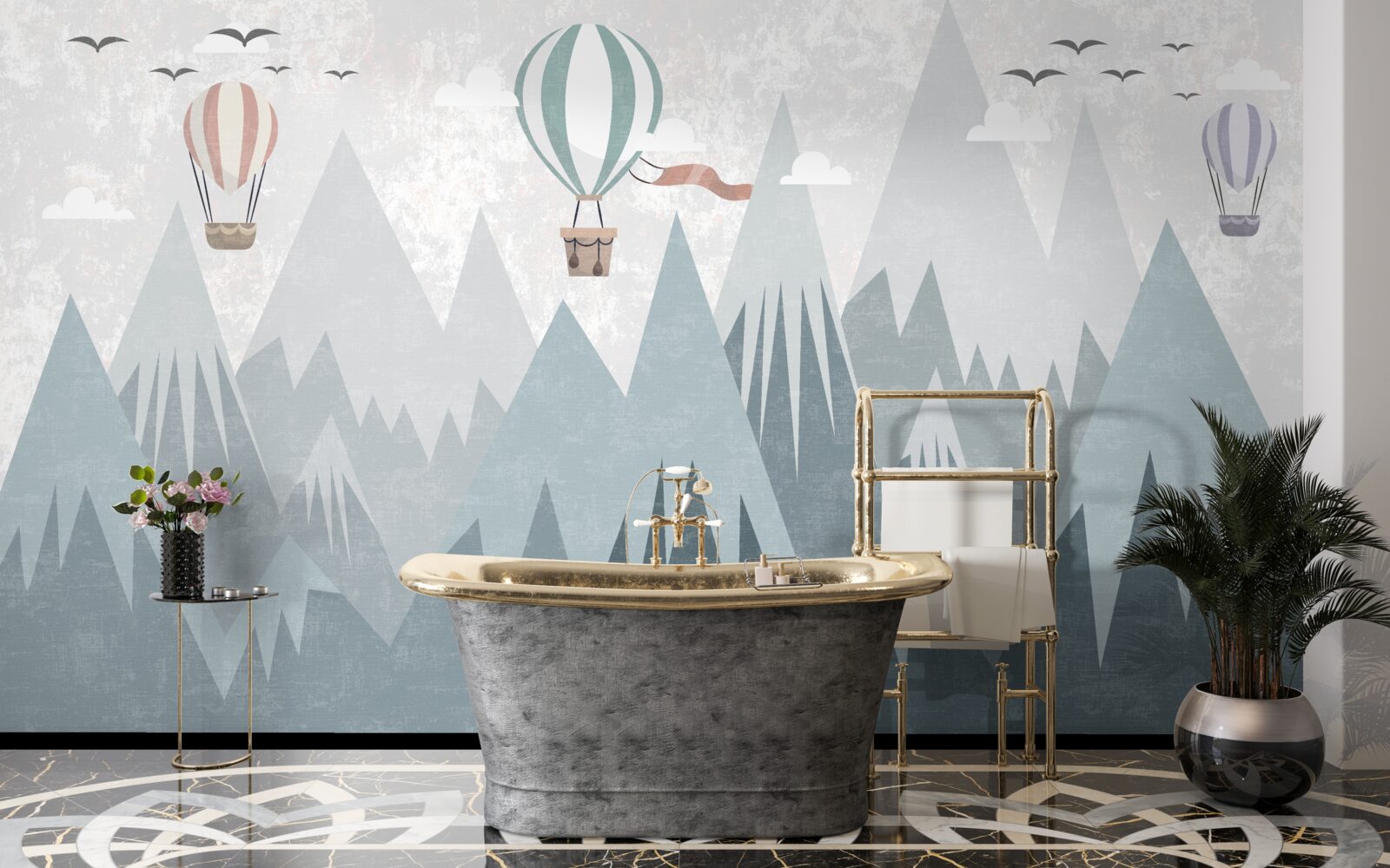 Papier peint les montagnes laissent derrière elles des ballons volants