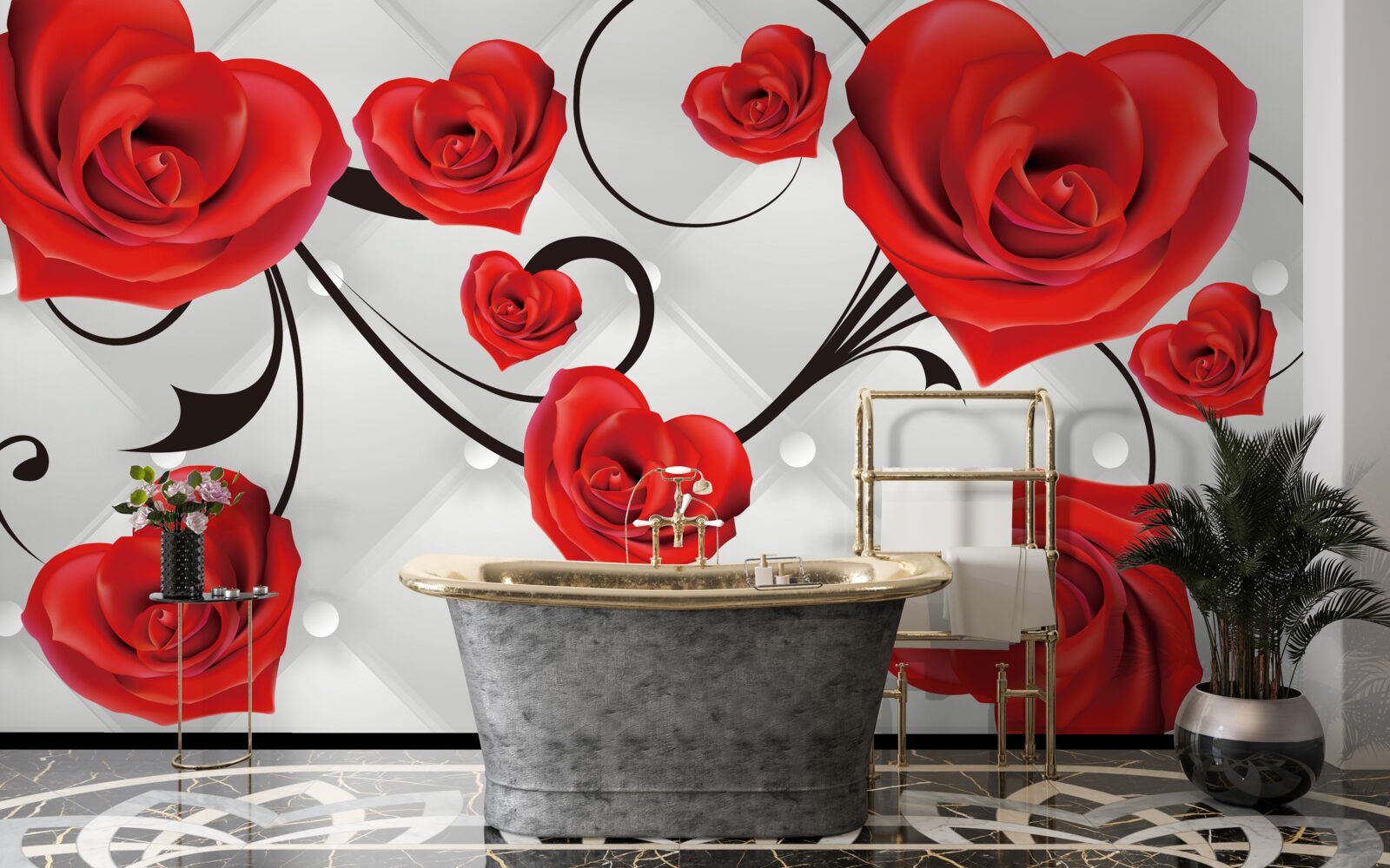 Papier peint roses rouges en forme de cœur