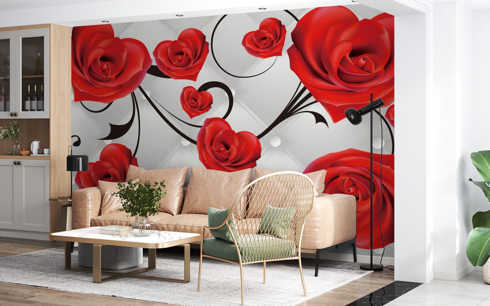 Papier peint roses rouges en forme de cœur