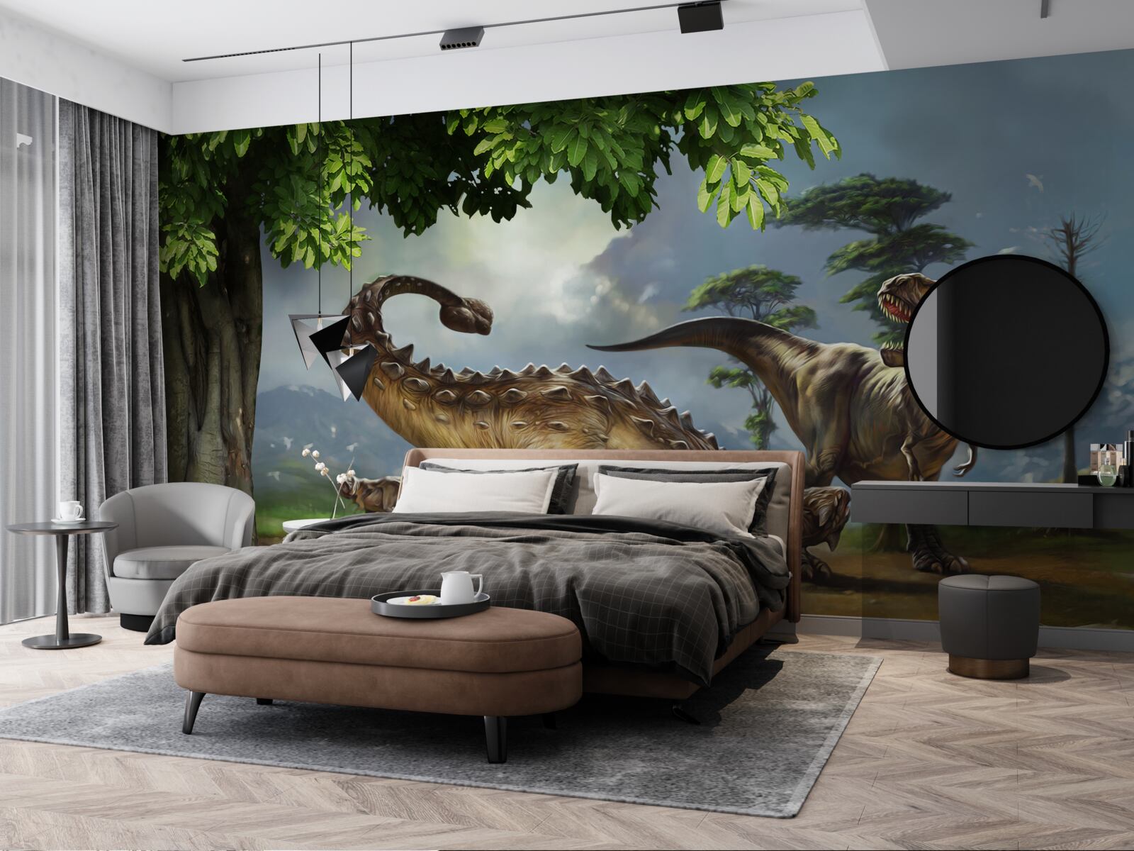 Papier peint les dinosaures vivent dans la forêt près de l'étang