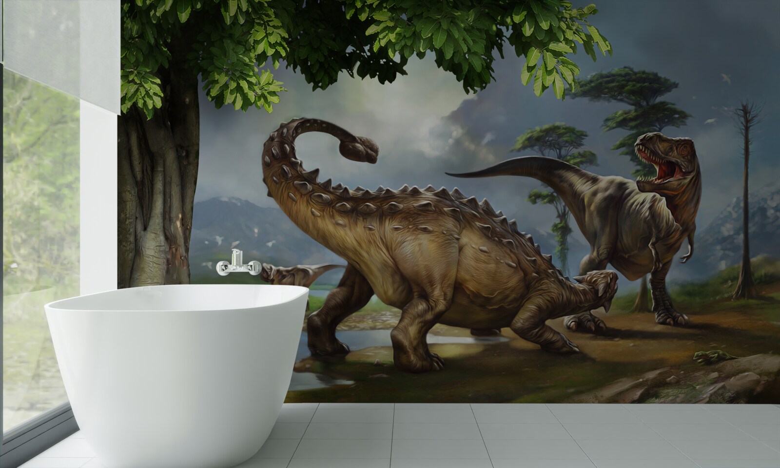 Papier peint les dinosaures vivent dans la forêt près de l'étang