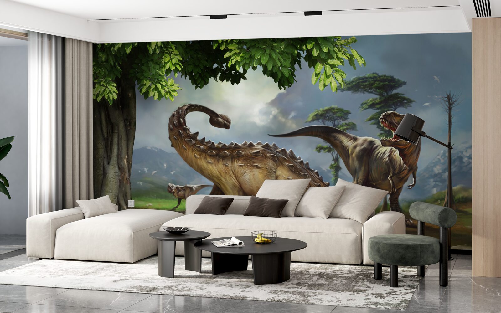 Papier peint les dinosaures vivent dans la forêt près de l'étang