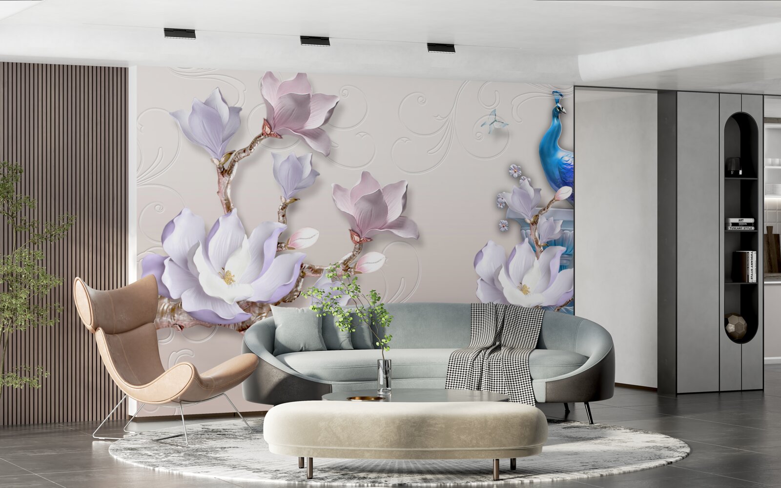 Papier peint des magnolias blancs décorent le paon