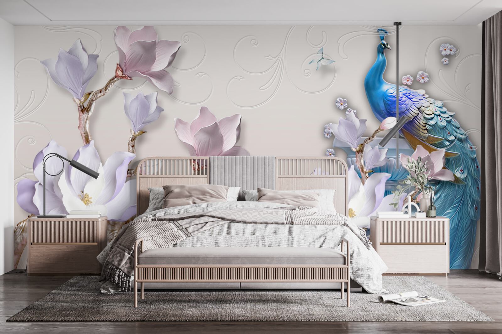 Papier peint des magnolias blancs décorent le paon