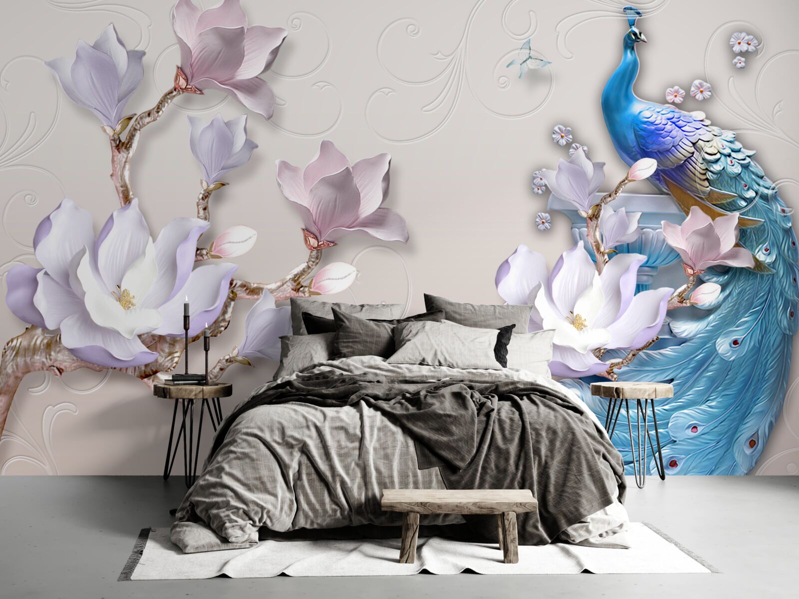 Papier peint des magnolias blancs décorent le paon