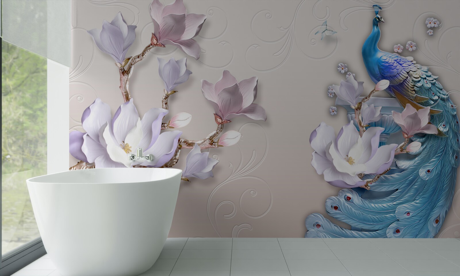 Papier peint des magnolias blancs décorent le paon