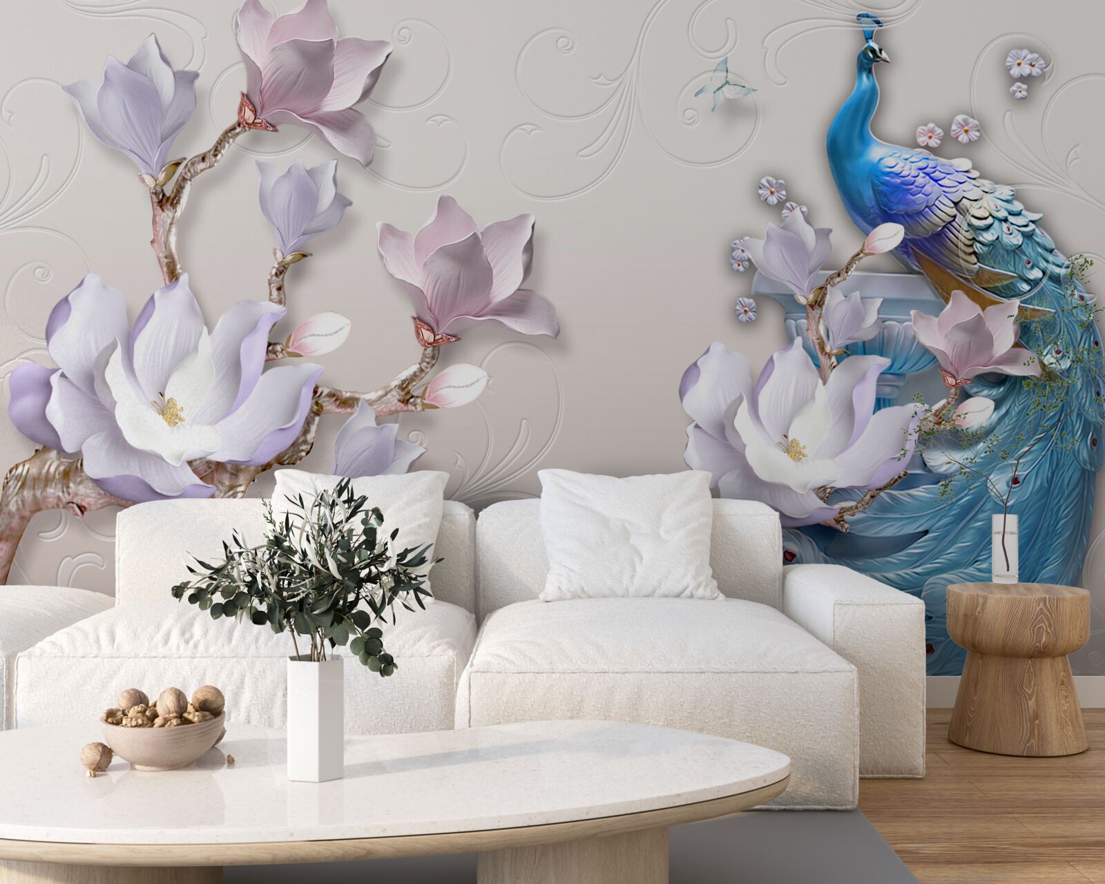 Papier peint des magnolias blancs décorent le paon