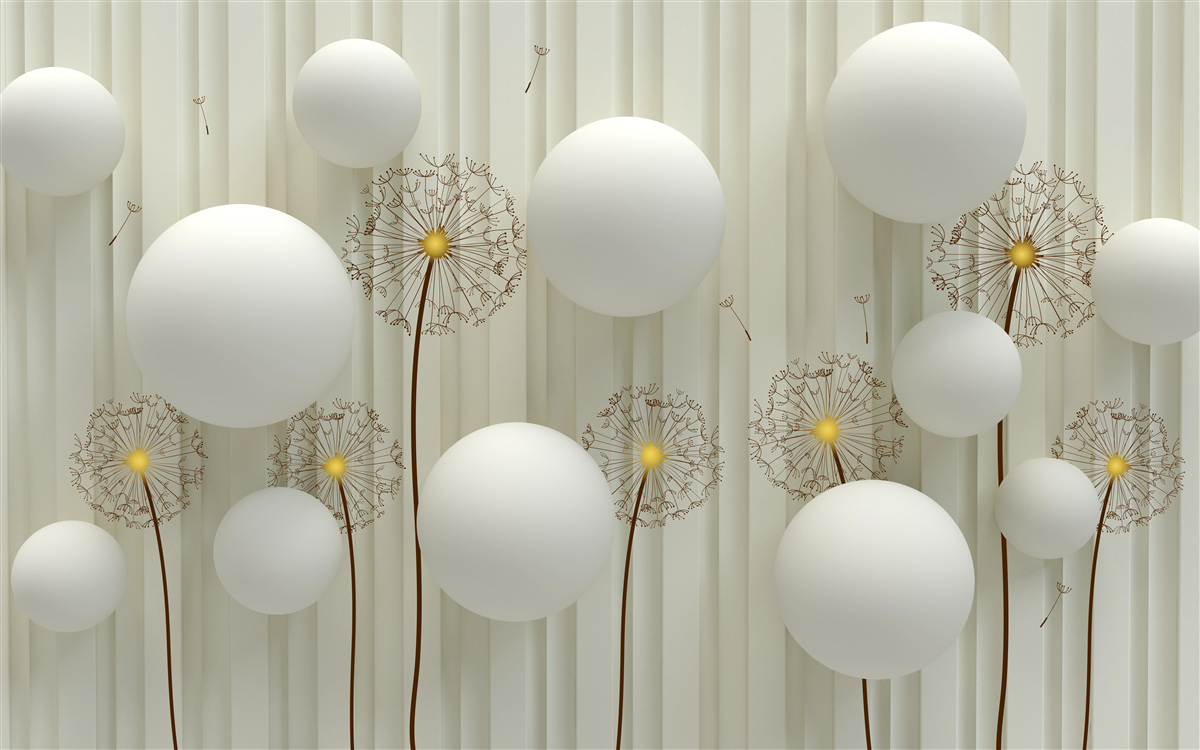 Papier peint composition de boules blanches et de pissenlits en fleurs