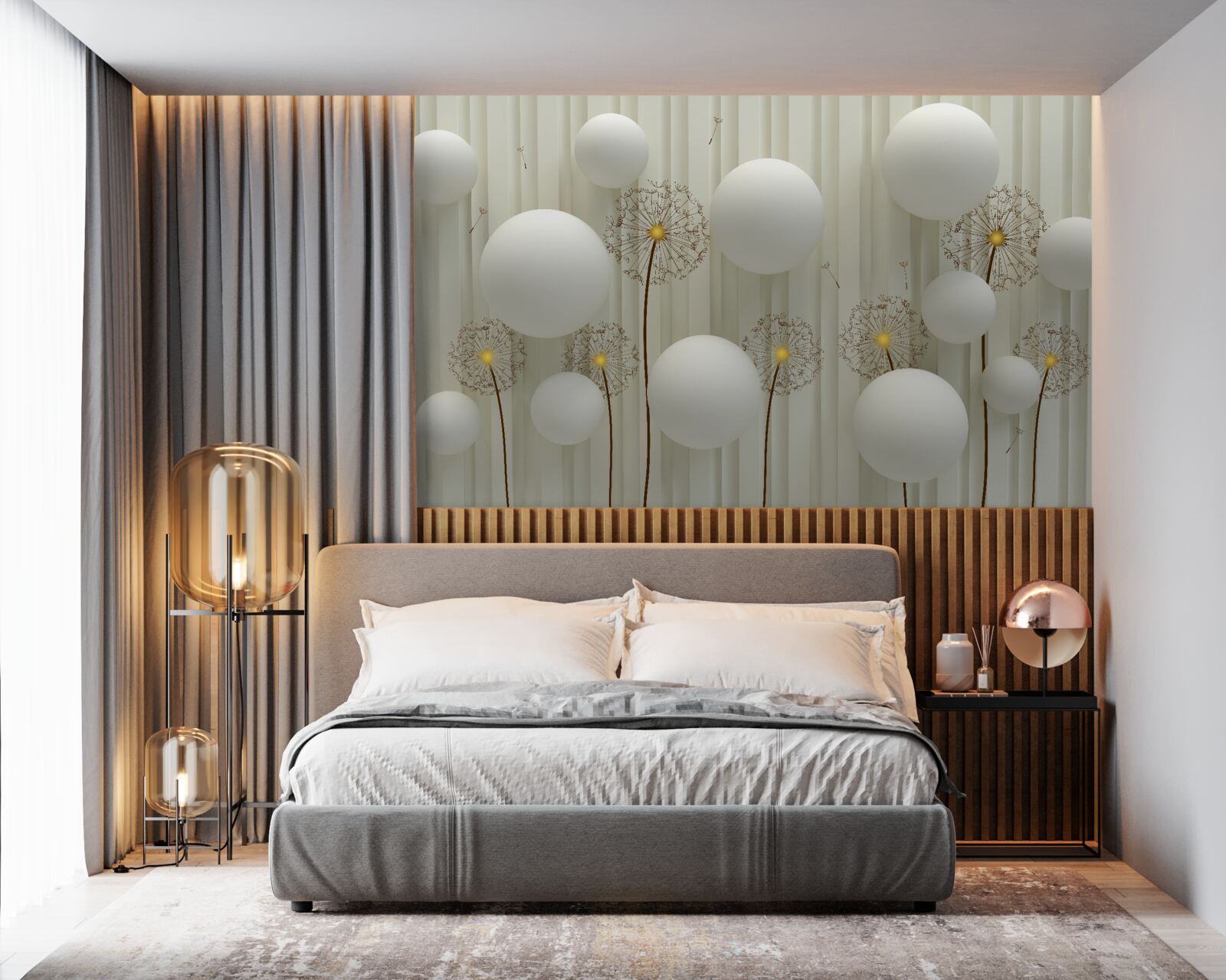 Papier peint composition de boules blanches et de pissenlits en fleurs