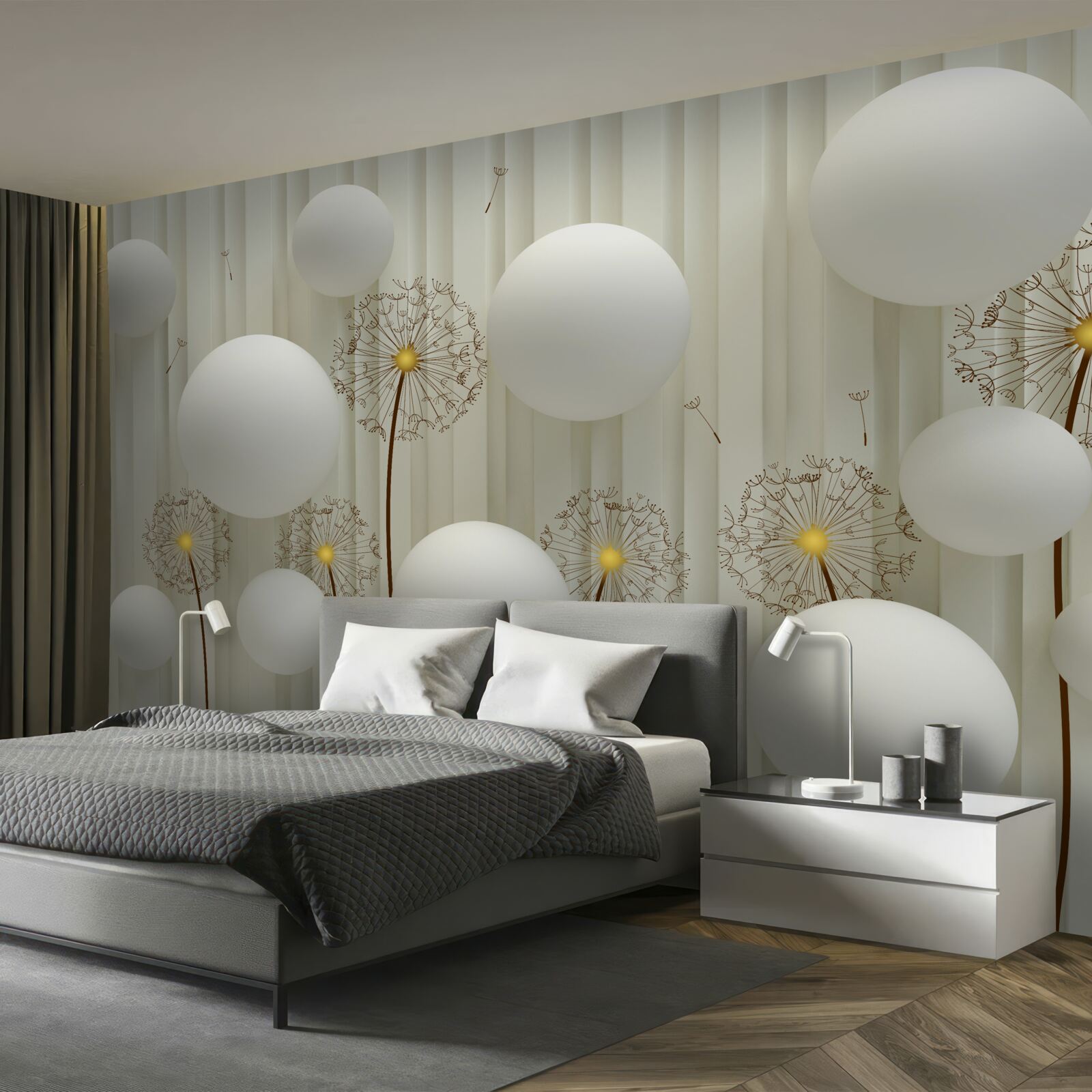 Papier peint composition de boules blanches et de pissenlits en fleurs