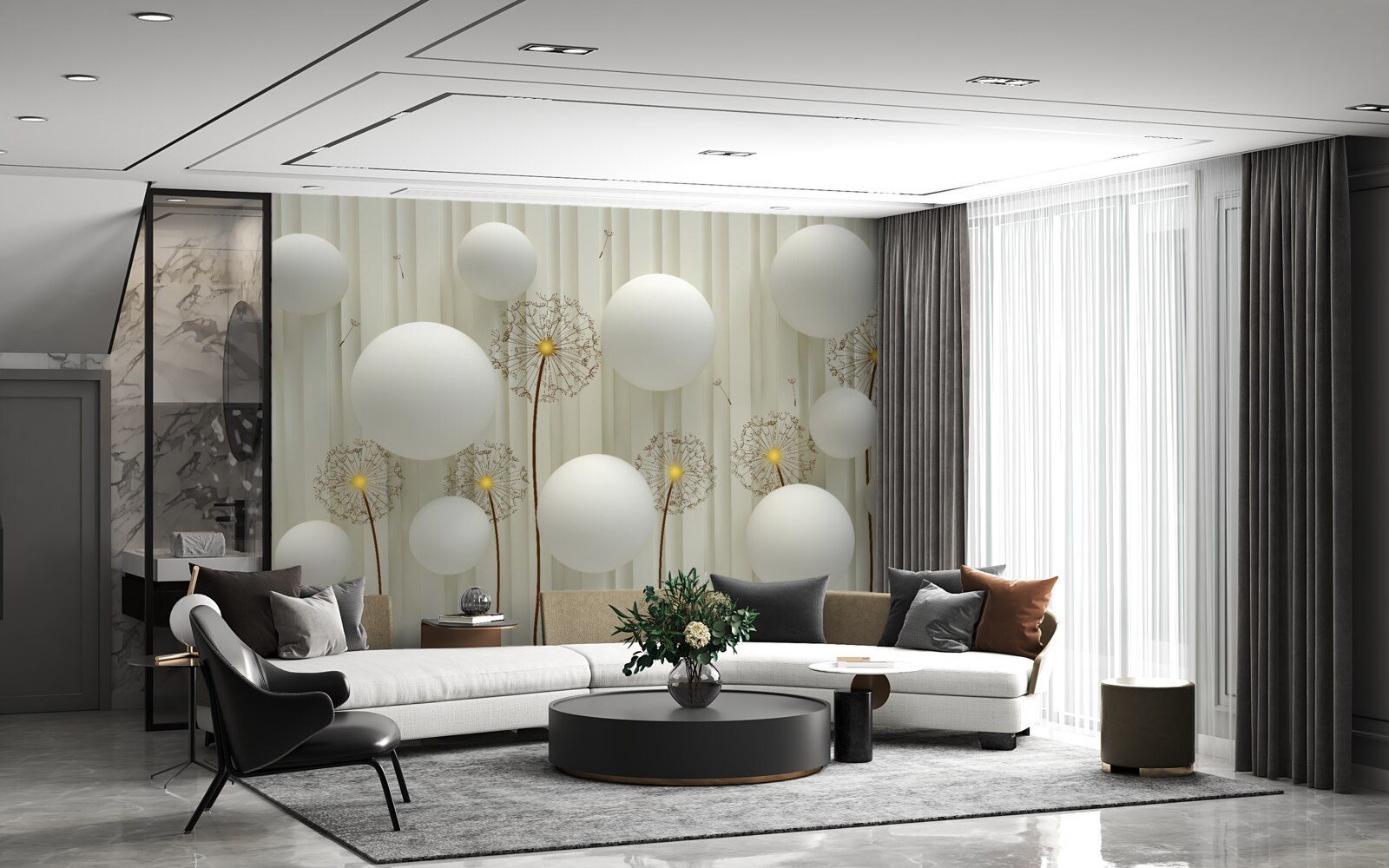 Papier peint composition de boules blanches et de pissenlits en fleurs