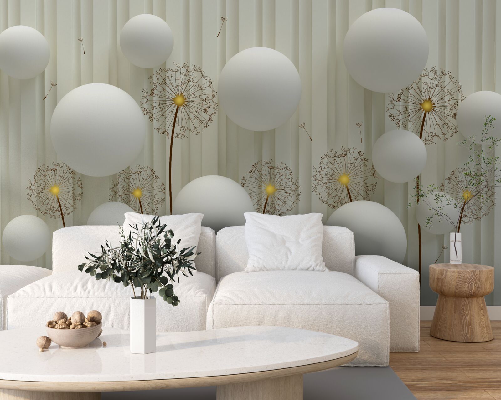 Papier peint composition de boules blanches et de pissenlits en fleurs