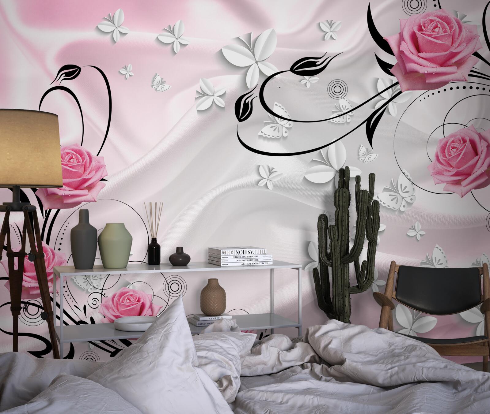 Papier peint roses roses sur fond de soie blanc neige