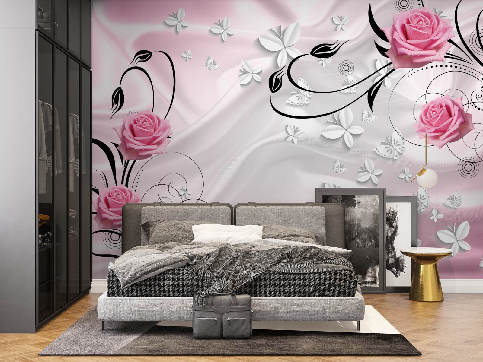 Papier peint roses roses sur fond de soie blanc neige