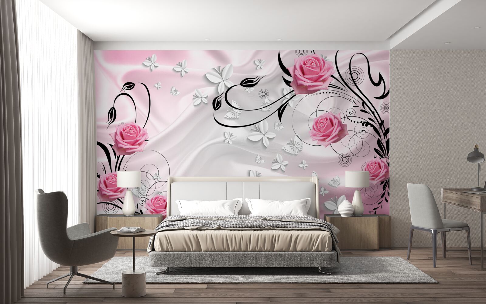 Papier peint roses roses sur fond de soie blanc neige