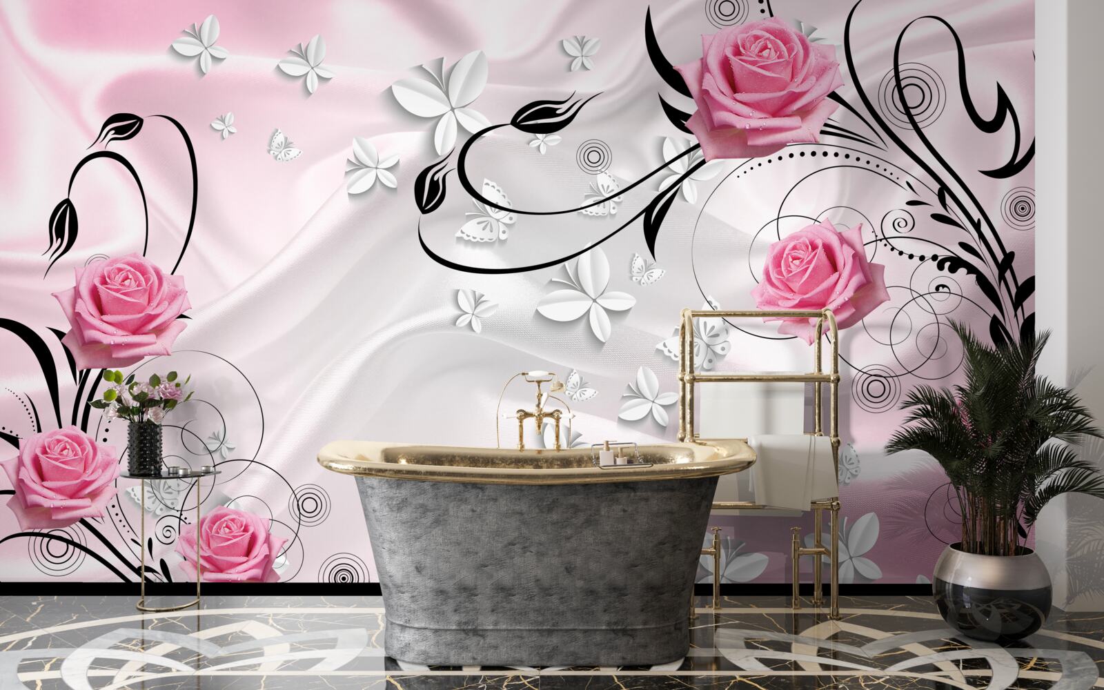 Papier peint roses roses sur fond de soie blanc neige