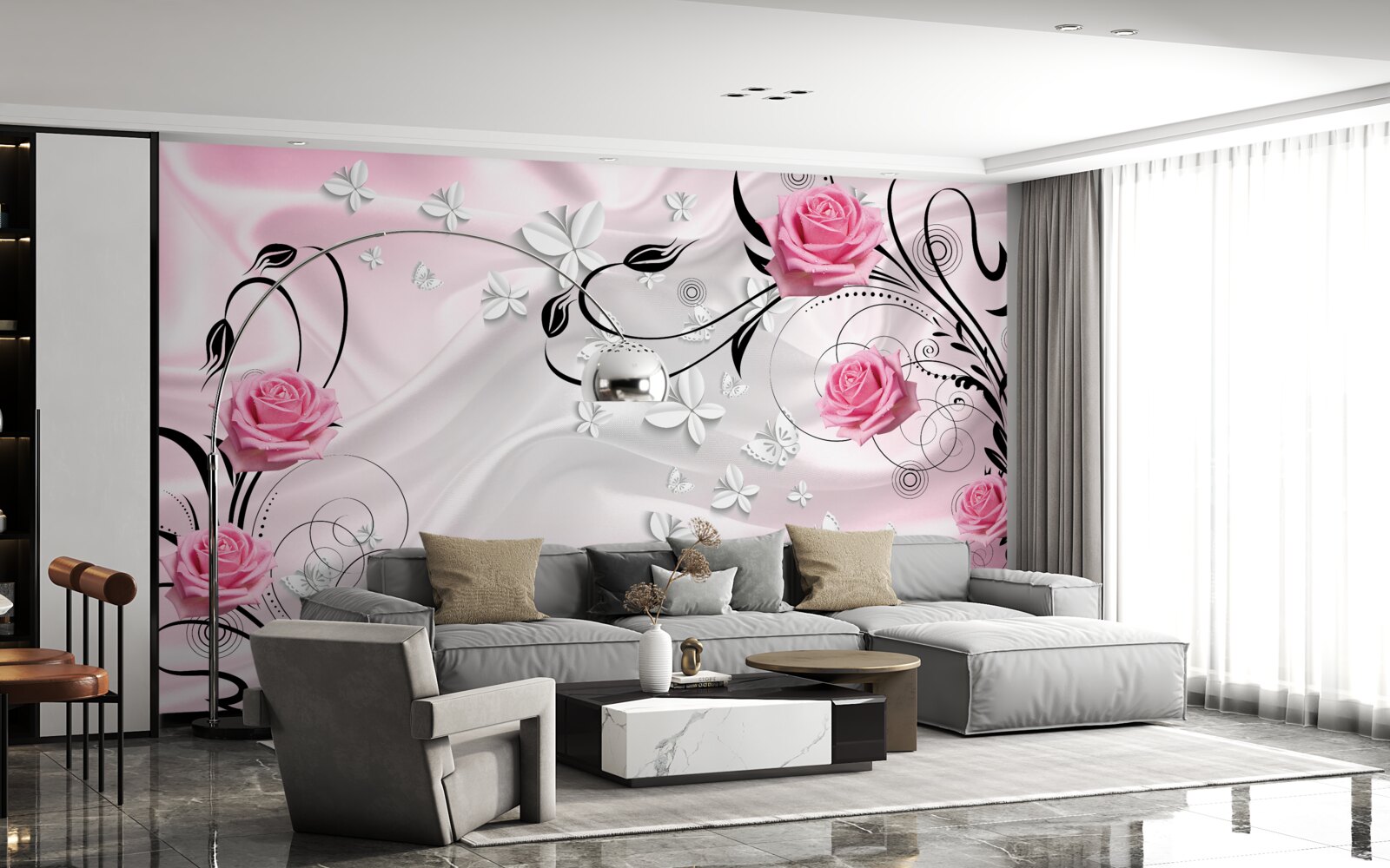 Papier peint roses roses sur fond de soie blanc neige