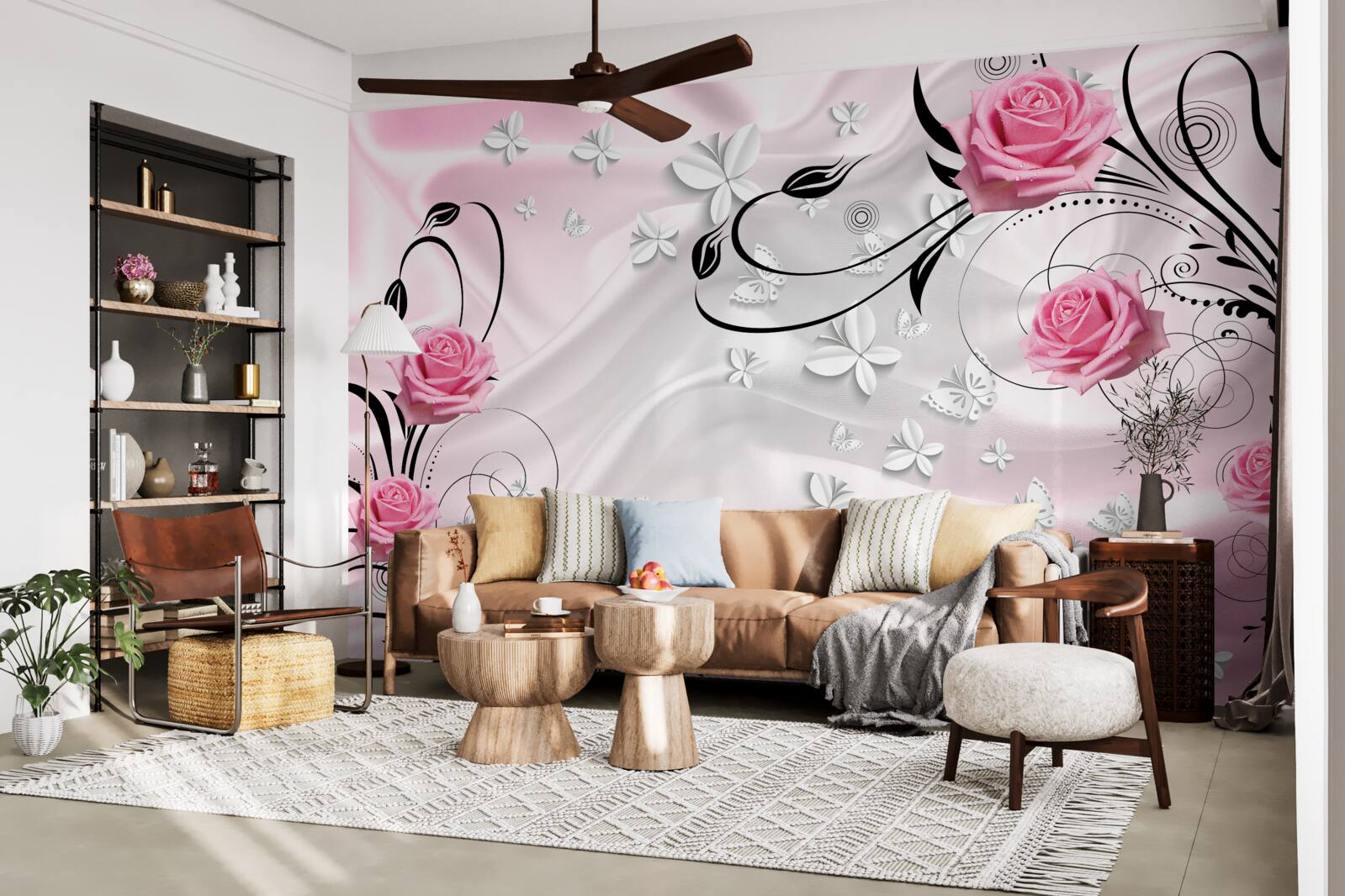 Papier peint roses roses sur fond de soie blanc neige