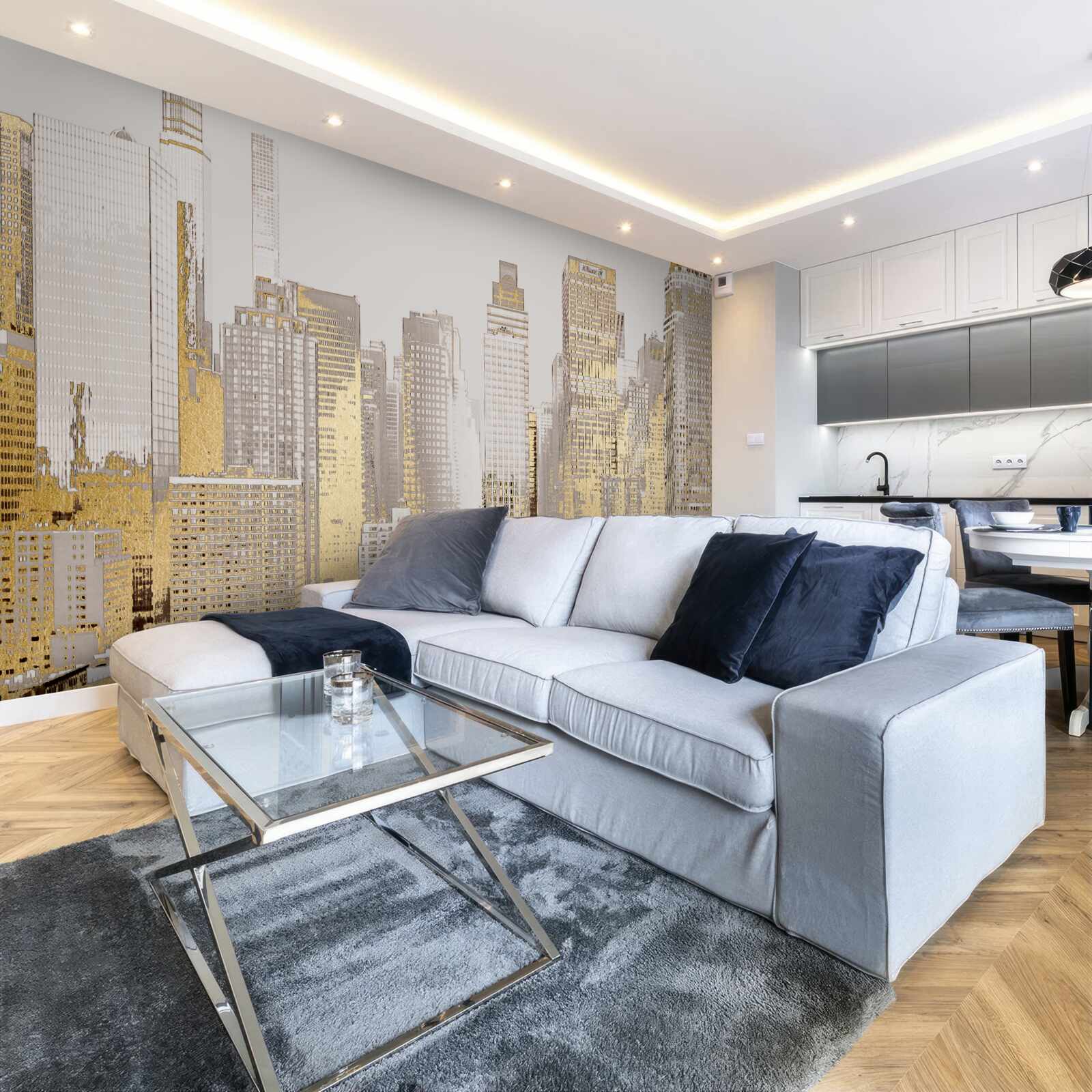 Papier peint panorama de gratte-ciel dorés