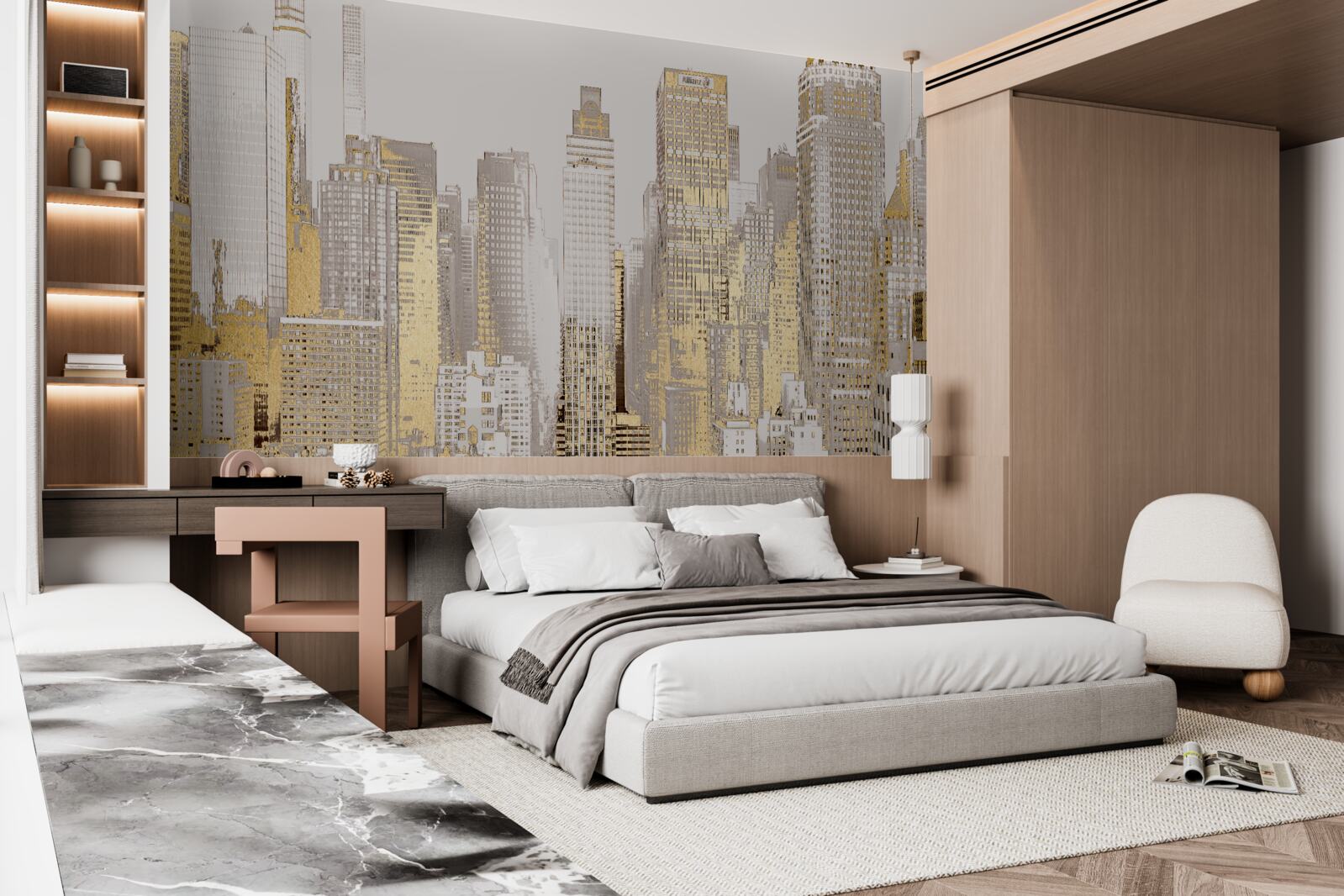 Papier peint panorama de gratte-ciel dorés