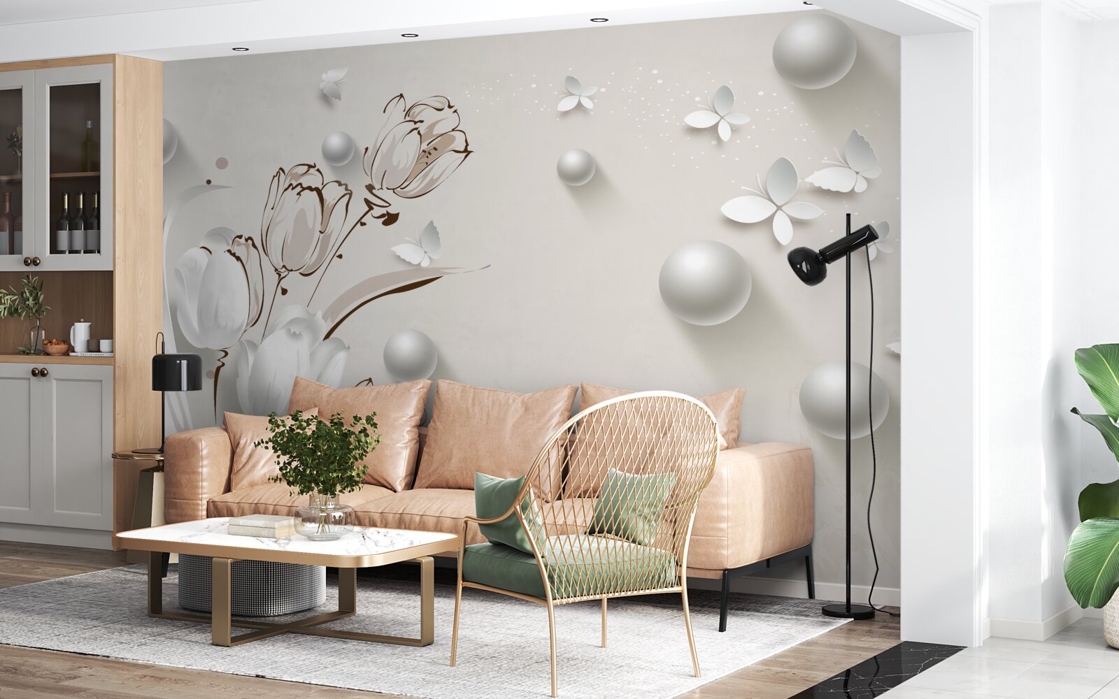 Papier peint des fleurs en or et perles dans une teinte blanche comme neige