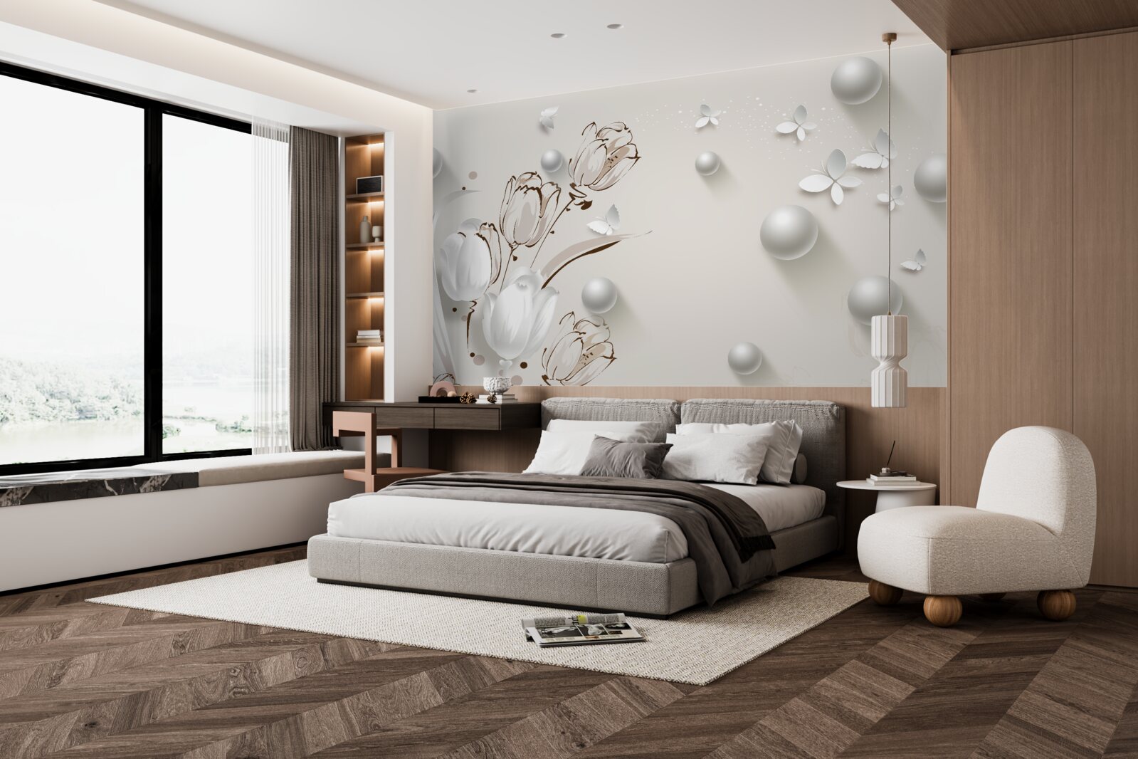 Papier peint des fleurs en or et perles dans une teinte blanche comme neige