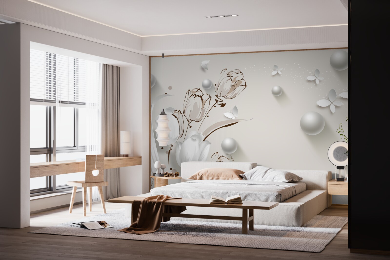 Papier peint des fleurs en or et perles dans une teinte blanche comme neige