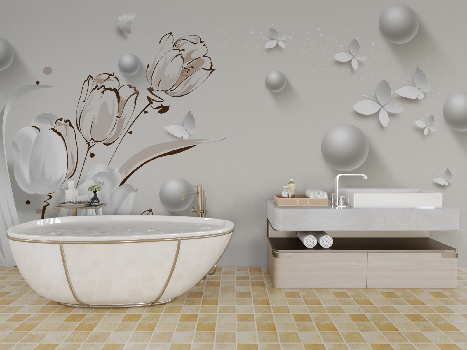 Papier peint des fleurs en or et perles dans une teinte blanche comme neige