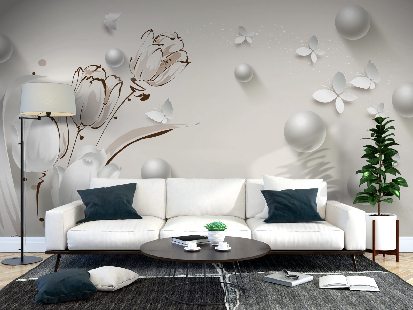 Papier peint des fleurs en or et perles dans une teinte blanche comme neige