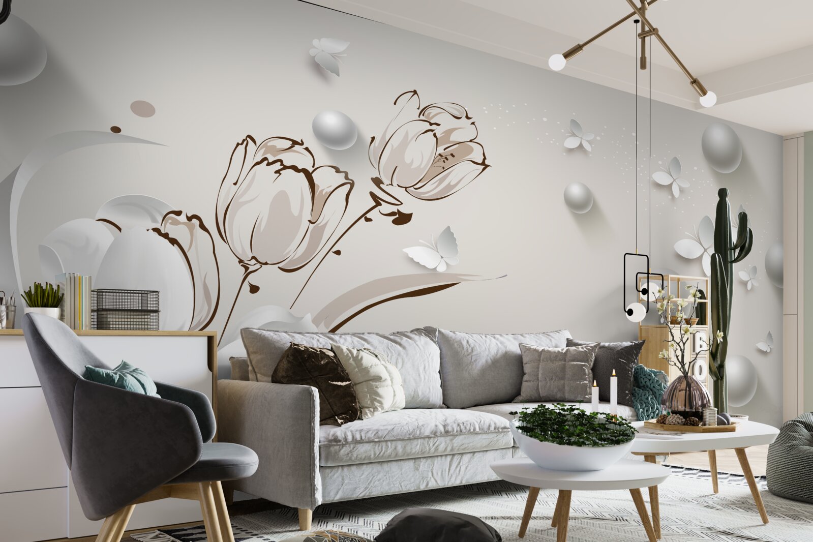 Papier peint des fleurs en or et perles dans une teinte blanche comme neige