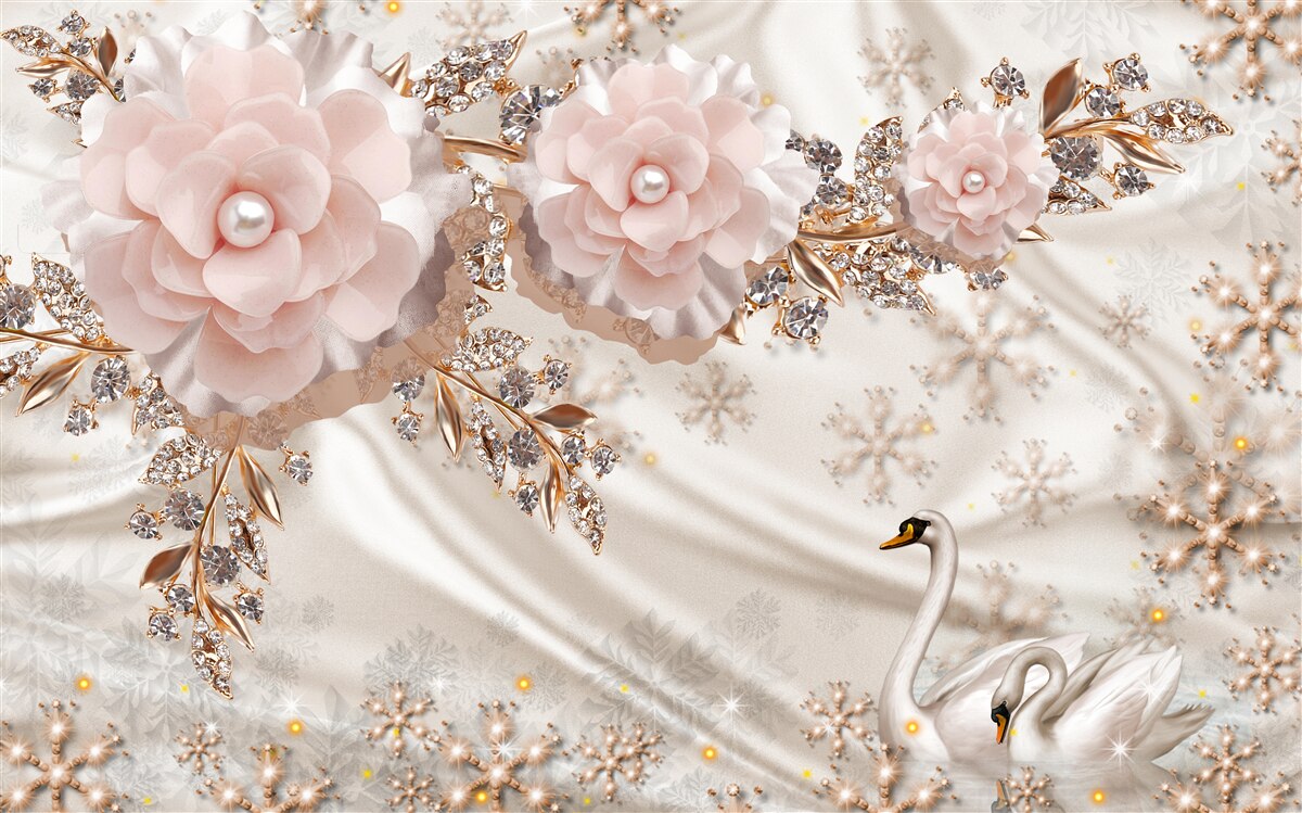 Papier peint les fleurs roses sont décorées de cygnes dorés et blancs comme neige