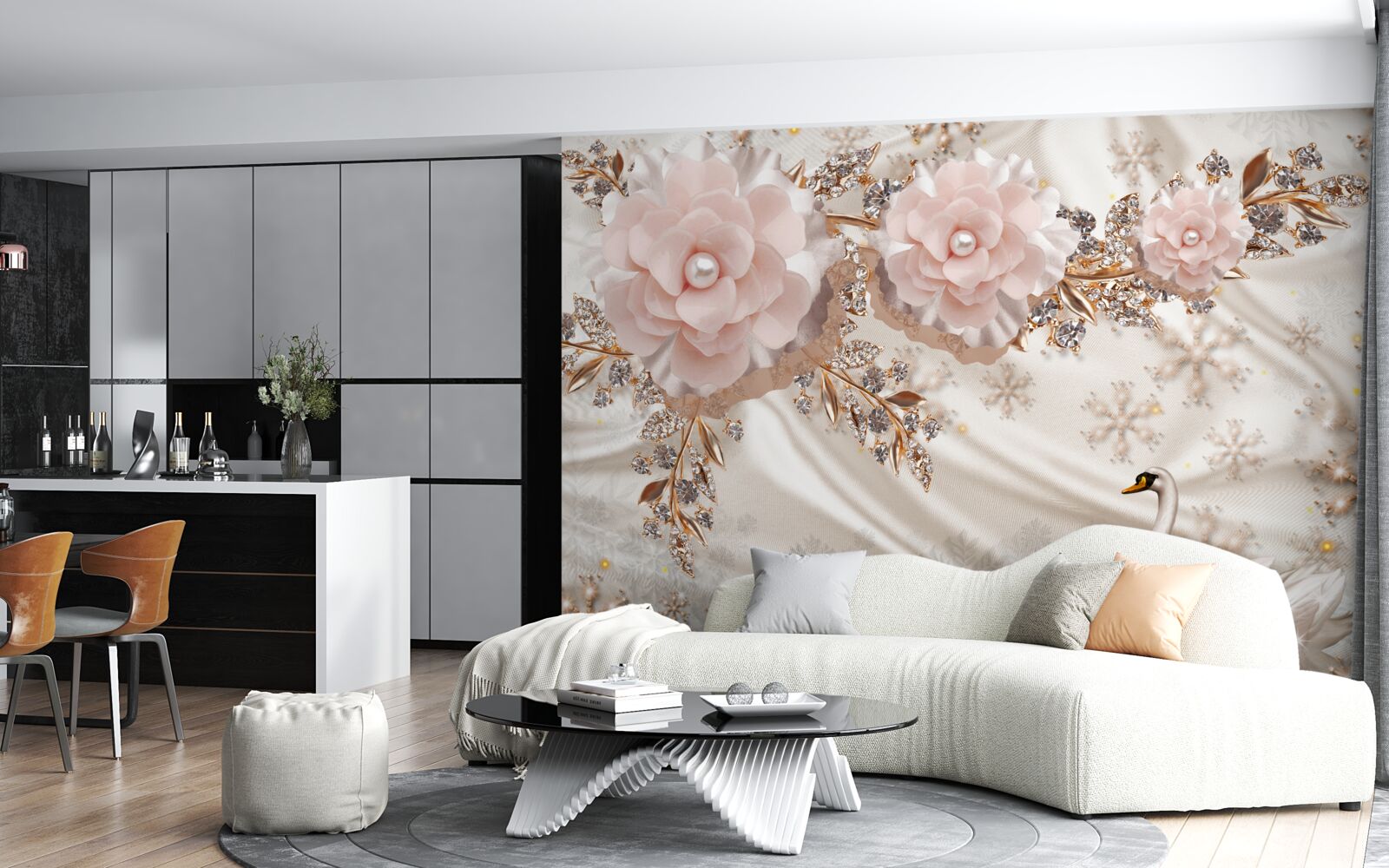 Papier peint les fleurs roses sont décorées de cygnes dorés et blancs comme neige