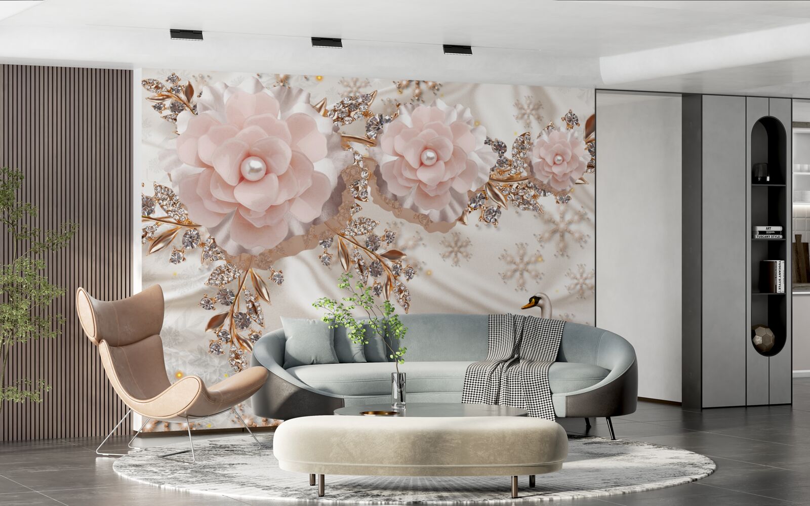 Papier peint les fleurs roses sont décorées de cygnes dorés et blancs comme neige