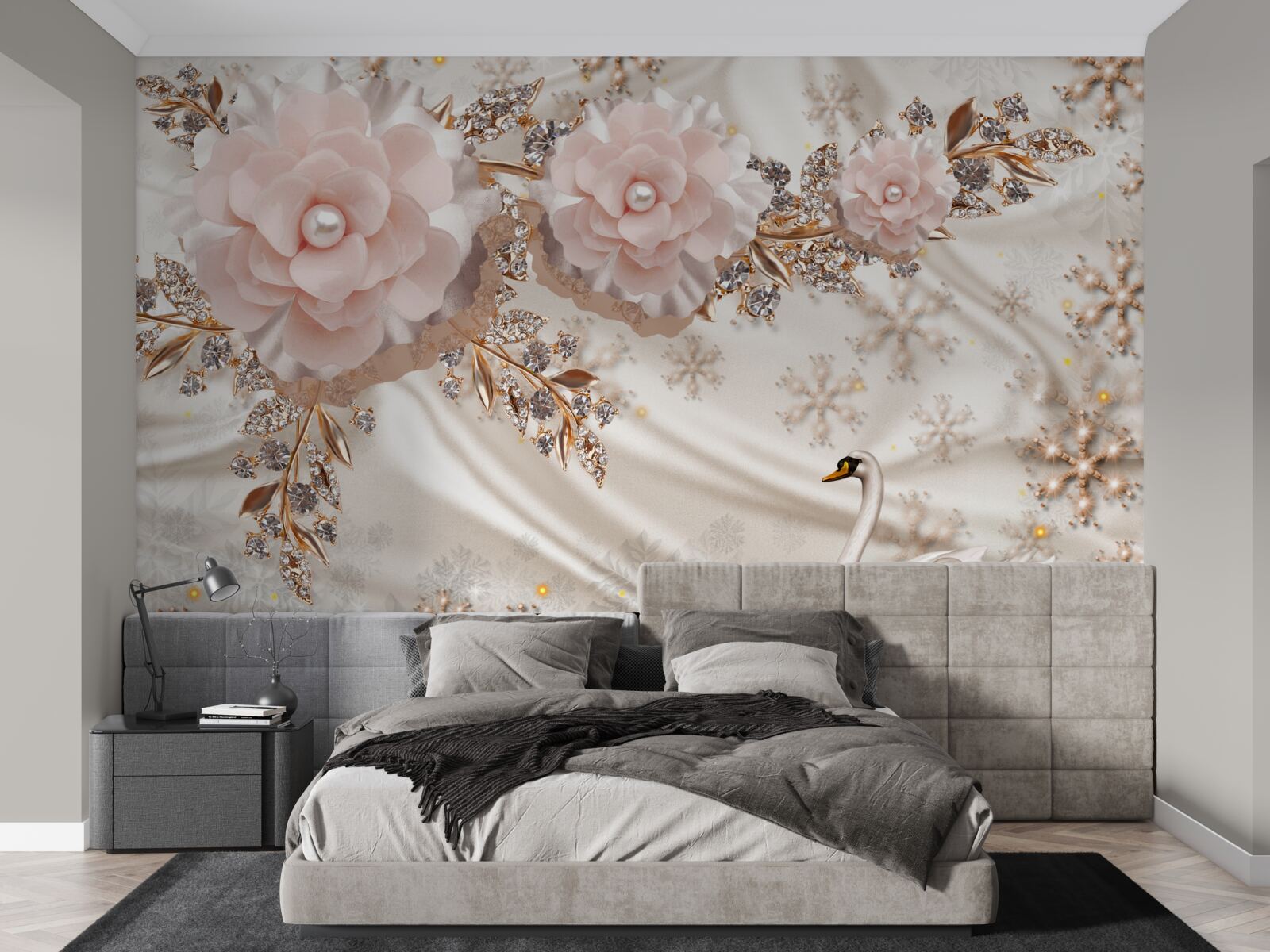 Papier peint les fleurs roses sont décorées de cygnes dorés et blancs comme neige