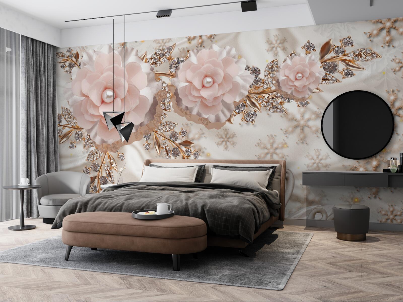 Papier peint les fleurs roses sont décorées de cygnes dorés et blancs comme neige