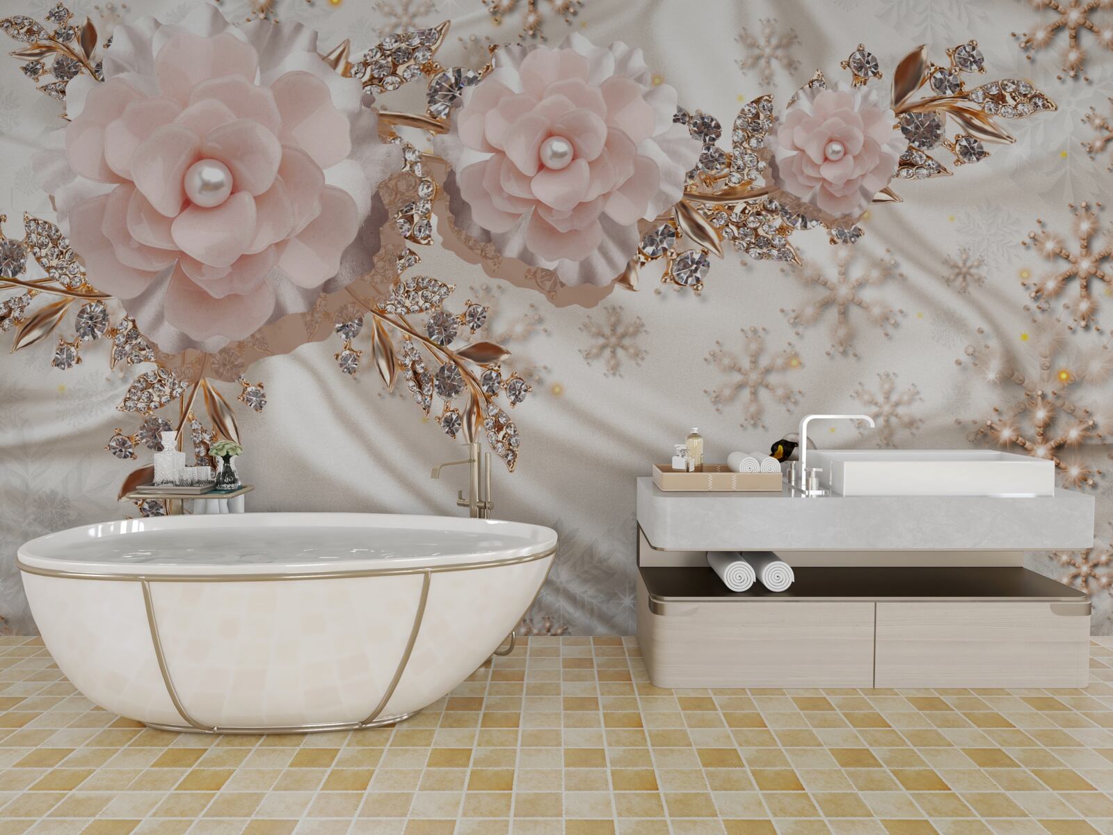 Papier peint les fleurs roses sont décorées de cygnes dorés et blancs comme neige