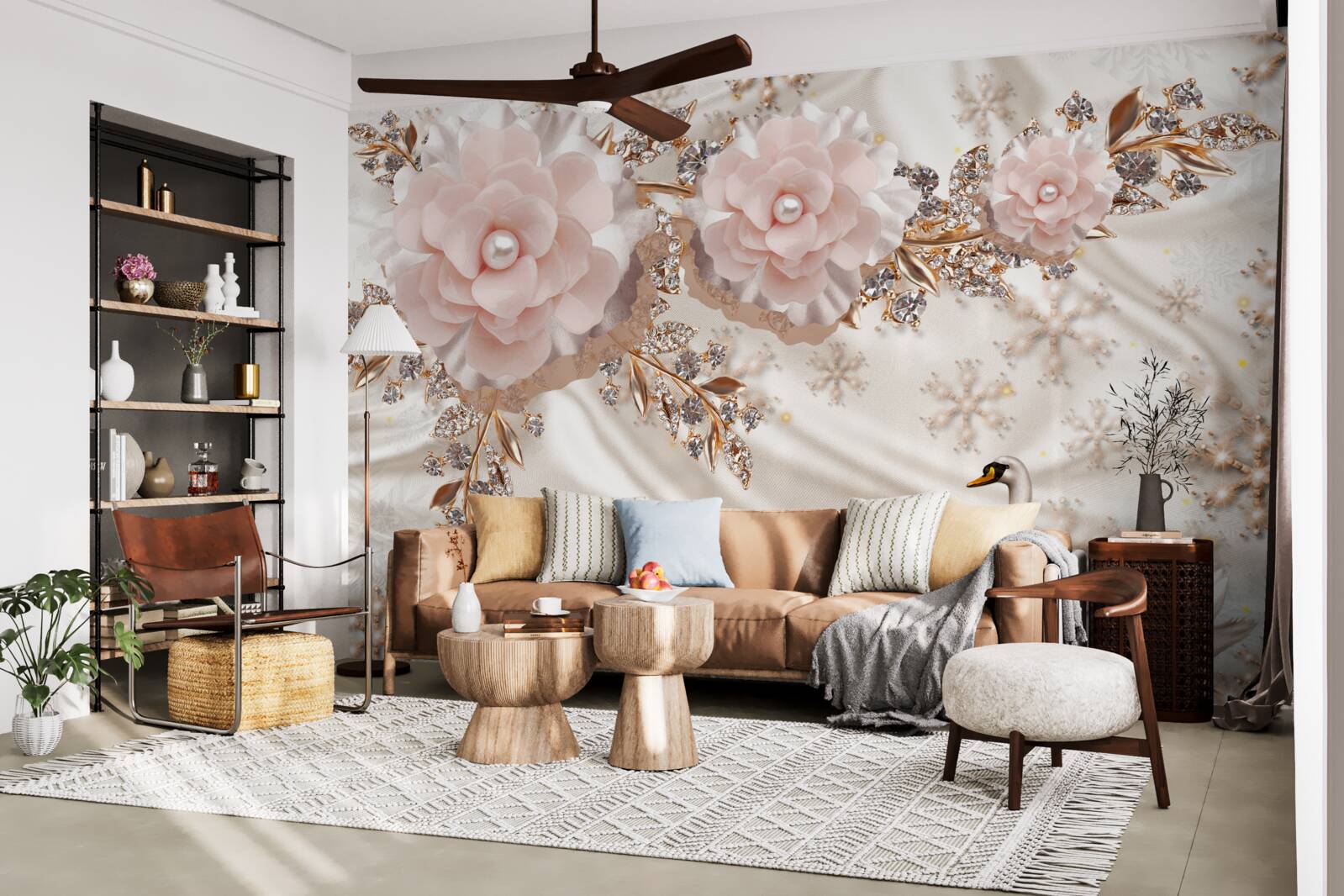 Papier peint les fleurs roses sont décorées de cygnes dorés et blancs comme neige