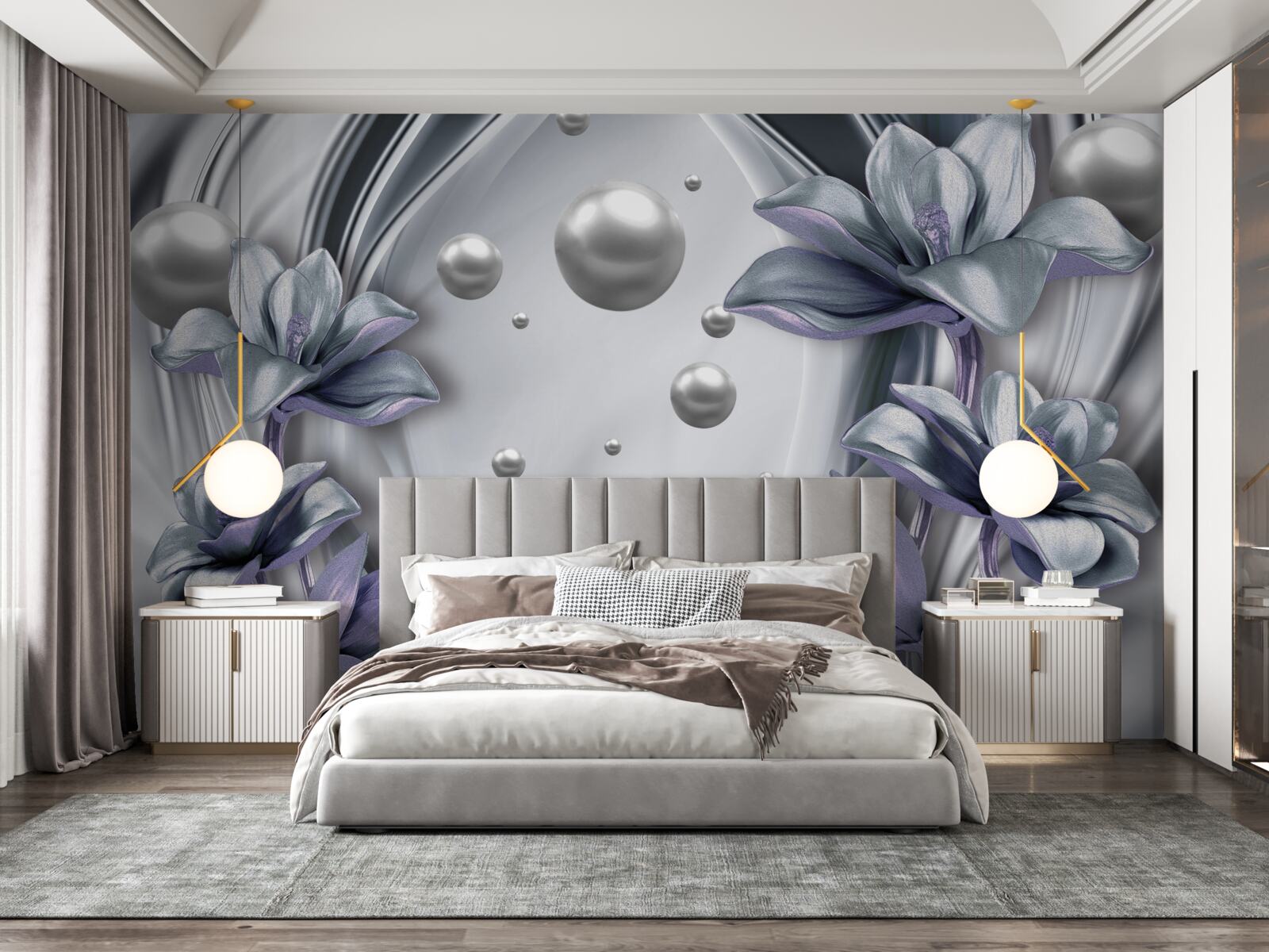 Papier peint reflet de perles et de fleurs dans l'eau