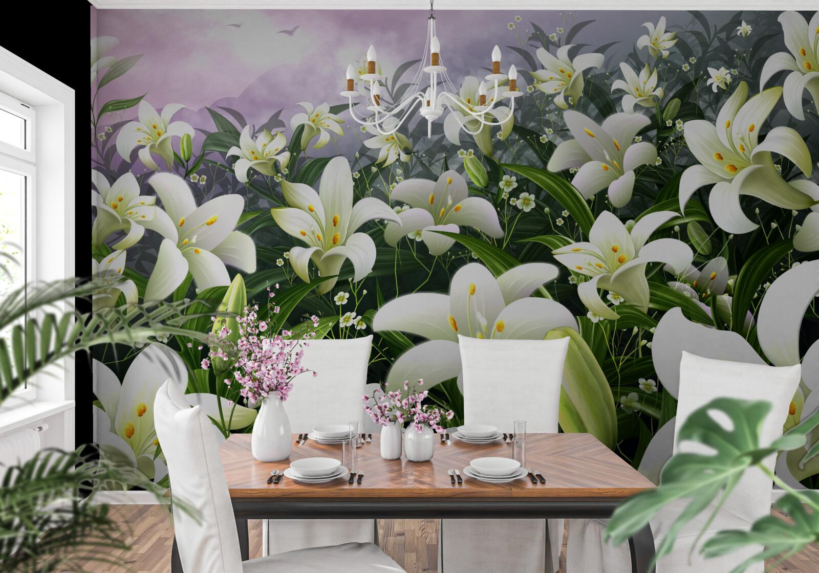 Papier peint tapis de lys blanc comme neige