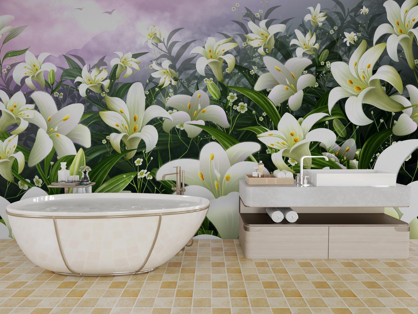 Papier peint tapis de lys blanc comme neige