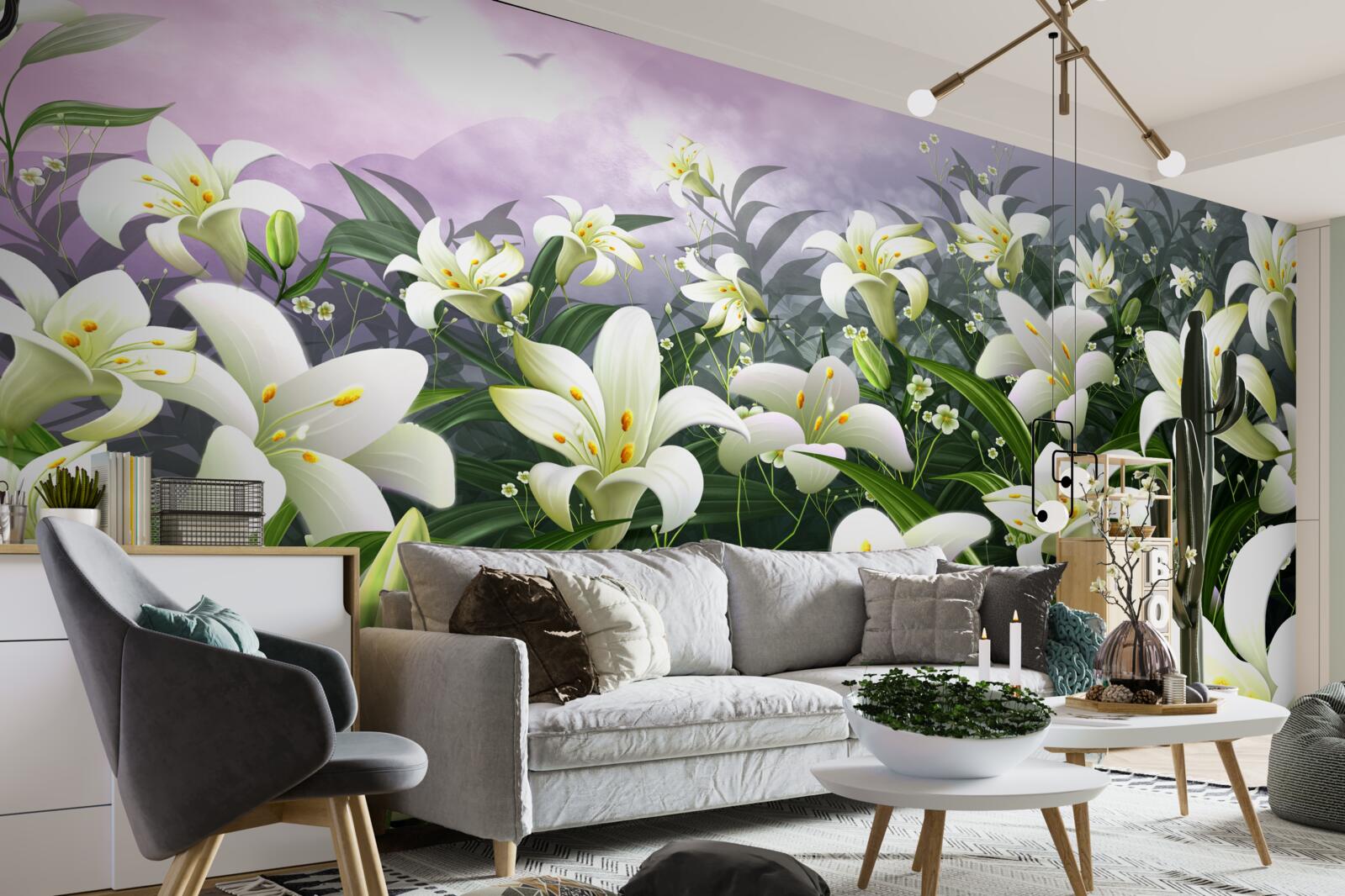 Papier peint tapis de lys blanc comme neige